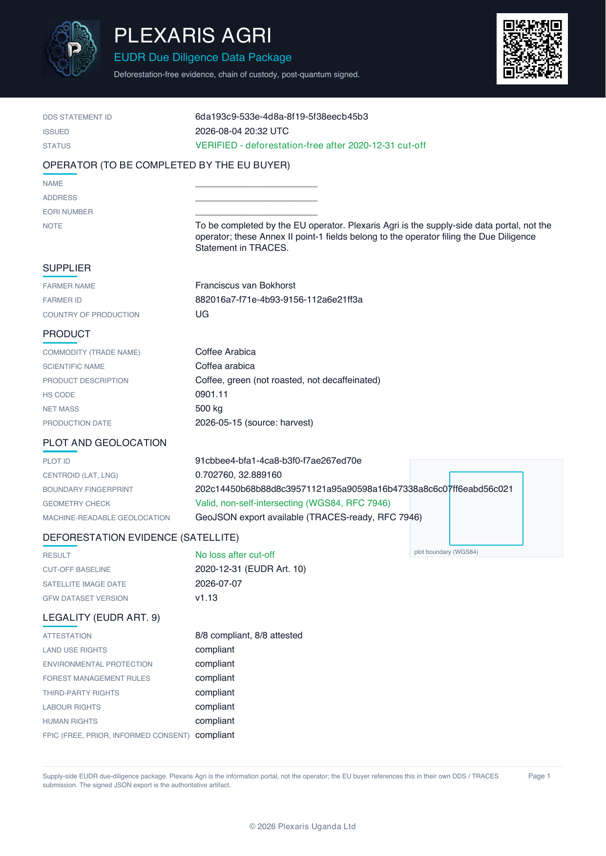 EUDR due diligence certificate issued by Plexaris Agri, page 1